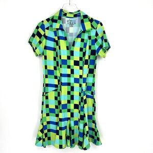 IBKUL‎ Dress Womens S Godet Green Checkered Tennis Athleisure Preppy UPF